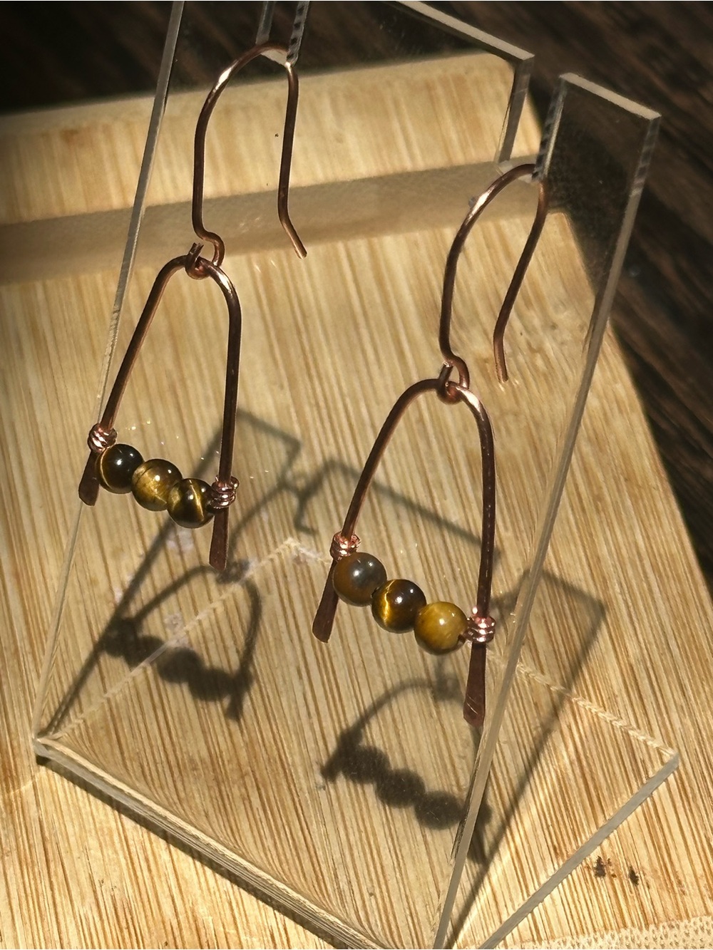 Tiger’s Eye Copper Arch Earrings | Handmade Geometric Dangle Artisan Jewelry